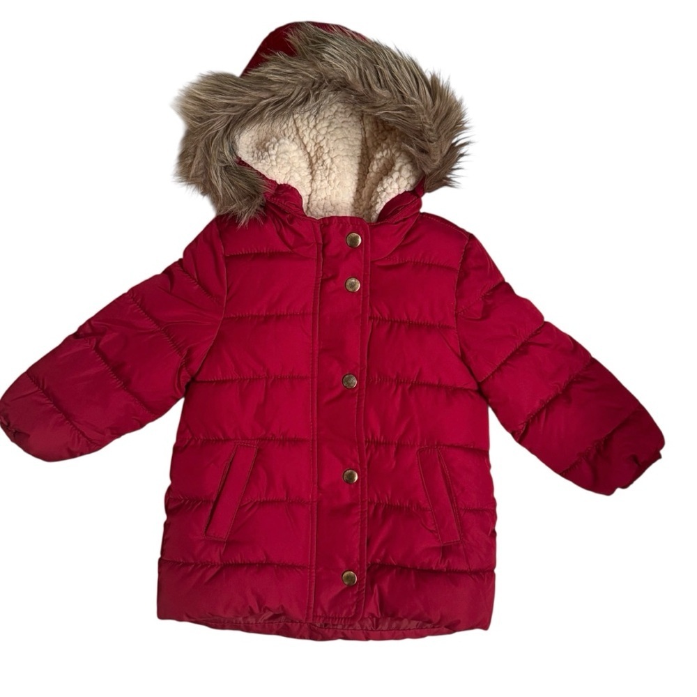 Old Navy toddler girls Sherpa maroon quilted winter fur hood parka jacket Sz 2T